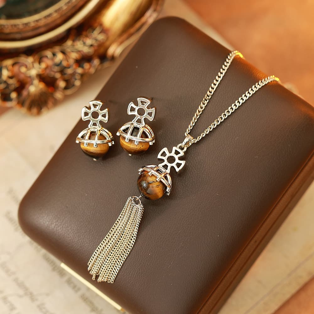 Copper Tigereye Pendant Necklace Earring Set - 1