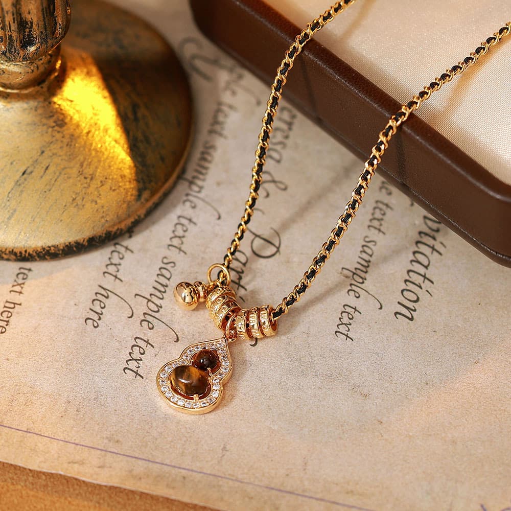 18K Gold Plated Copper Natural Tigereye Gourd Beaded Necklace - 1