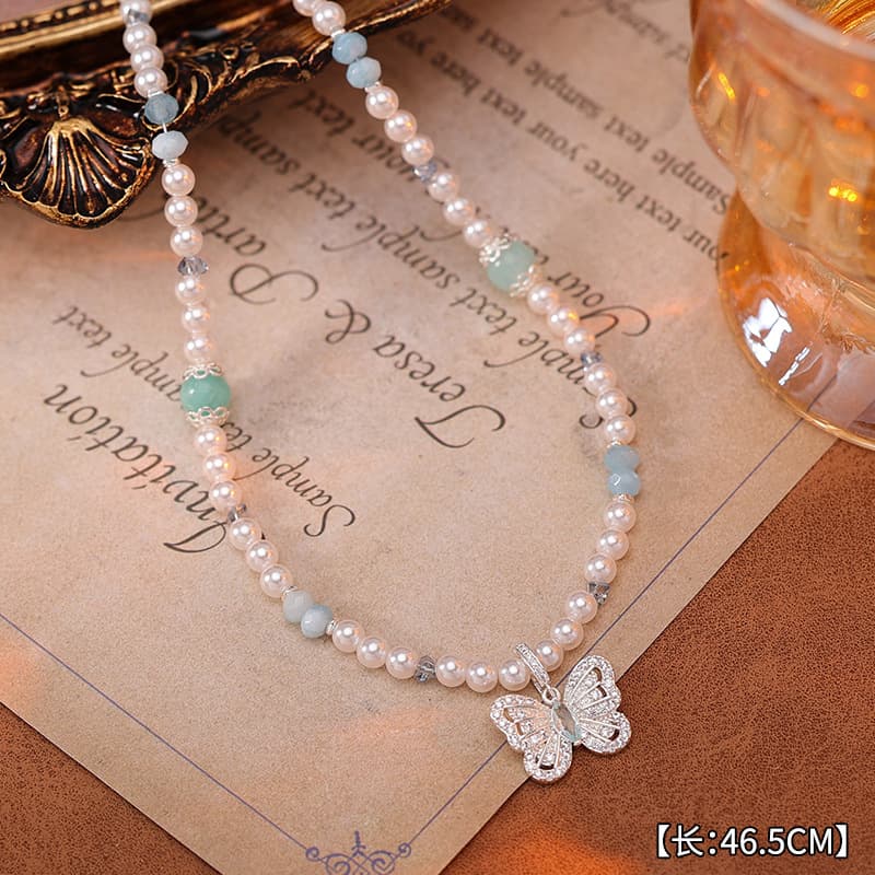 Sapphire Zircon Cube Pendant Pearl Necklace - 1