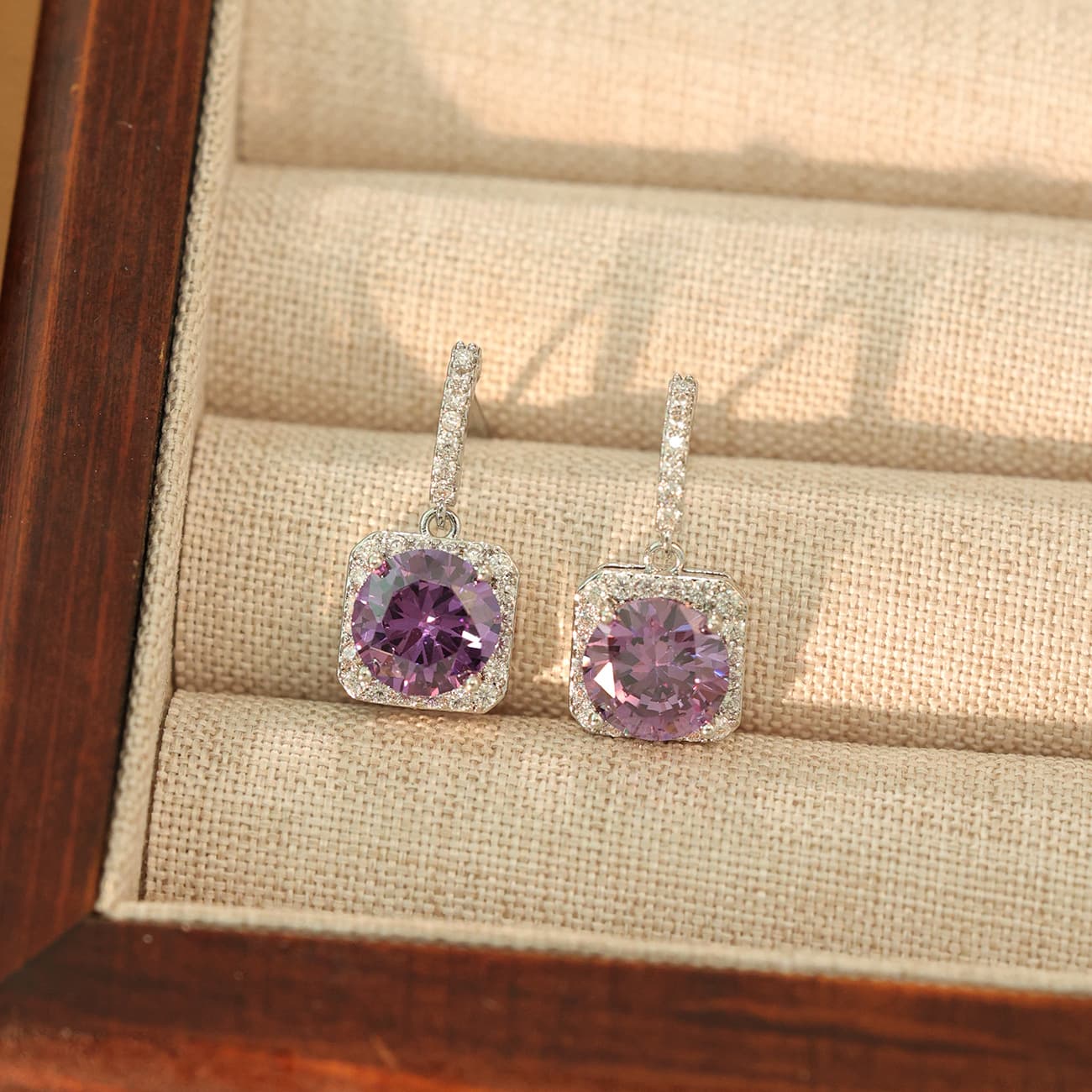 S925 Sterling Silver Retro Amethyst Square Stud Earrings - 1