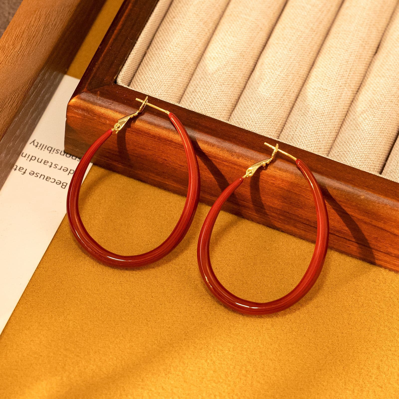 Wine Red 925 Silver Oval Hoop Earrings - 1