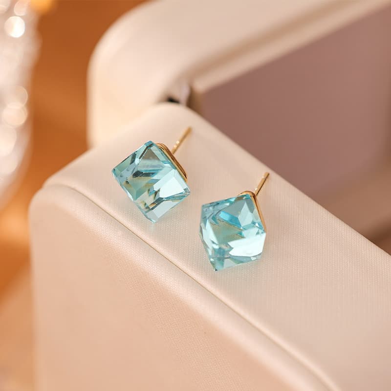 925 Sterling Silver Water Cube Blue Crystal Stud Earrings - 1
