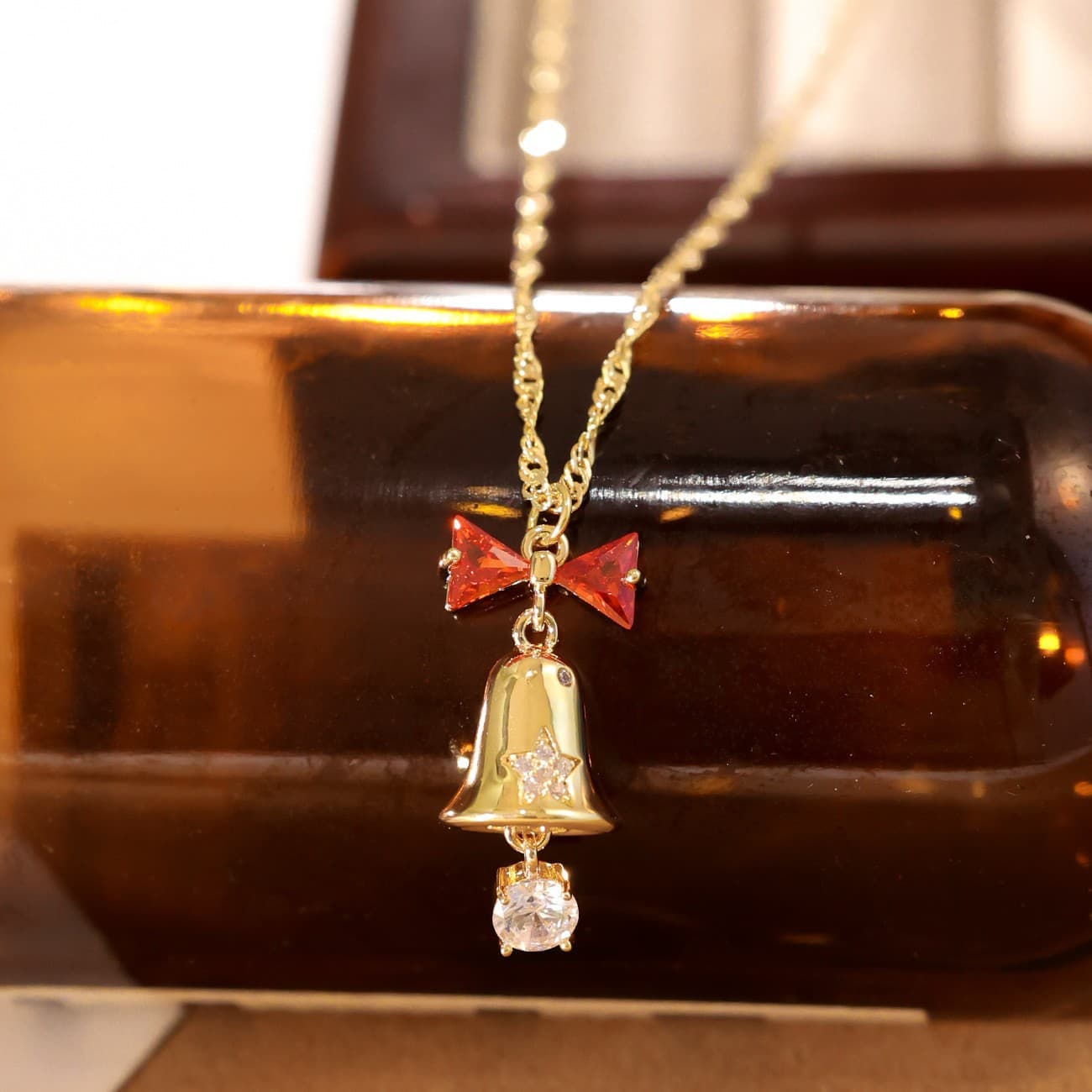 Gold Christmas Bell Zircon Bow Pendant Necklace - 1