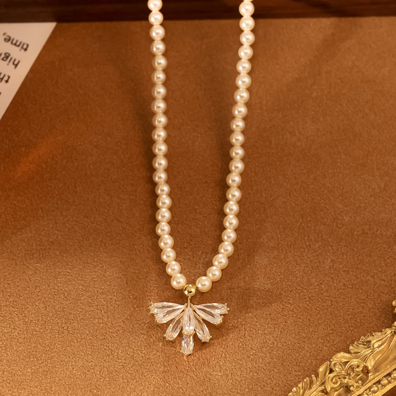 French Glass Pearl Zircon Petal Necklace - 1