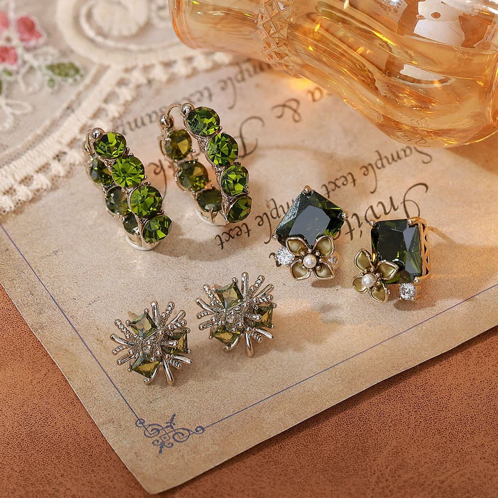 Super Shining Olive Green Zircon Floral Stud Earrings, 925 Silver Needle - 1