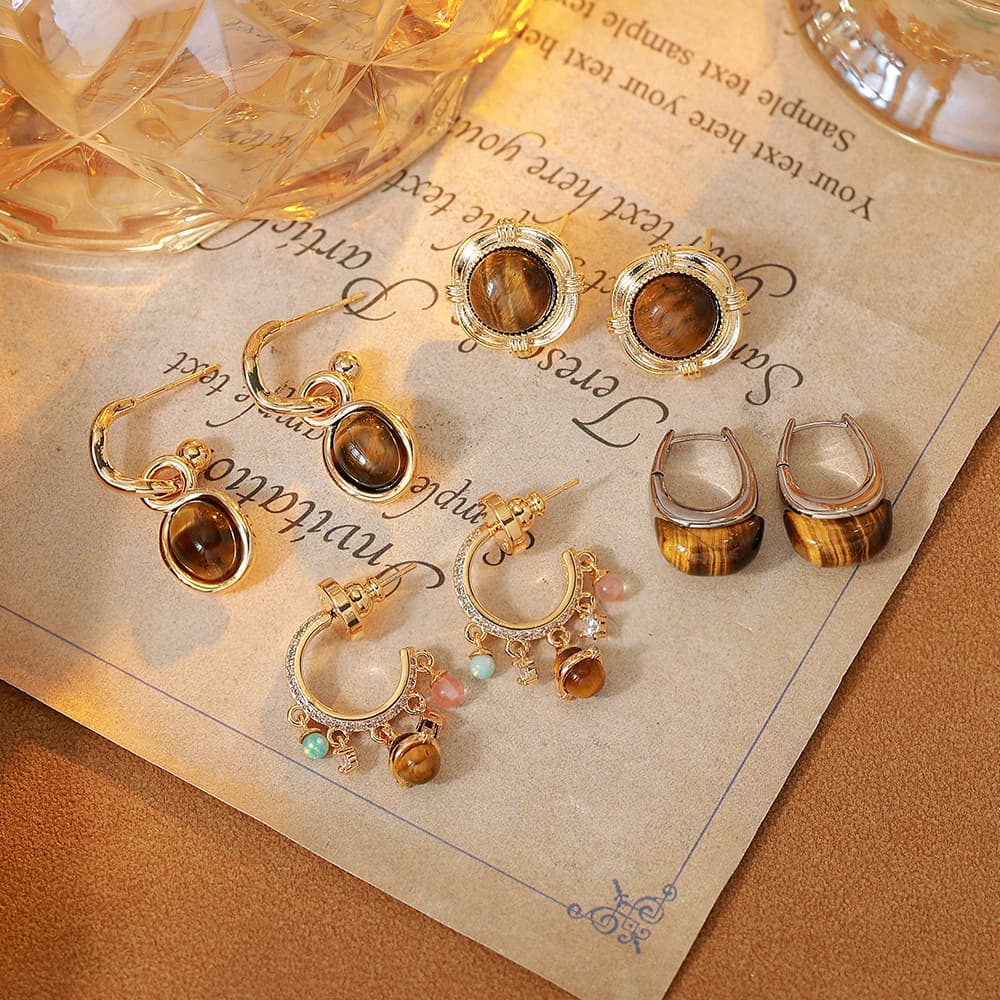 Gold Plated Copper Tigereye Geometric Earrings, 925 Sterling Silver Posts - 1