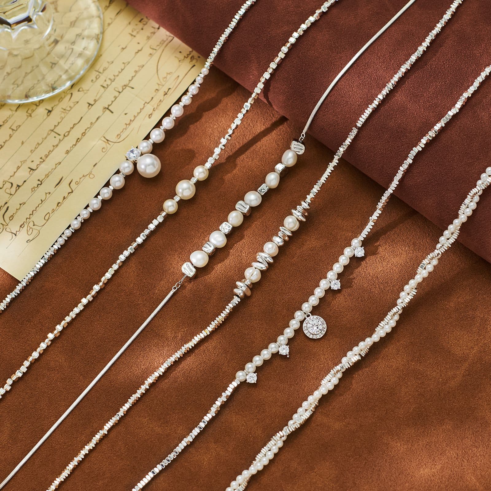 Gold Plated Pearl Rice Bead Mixed Chain Necklace - 1