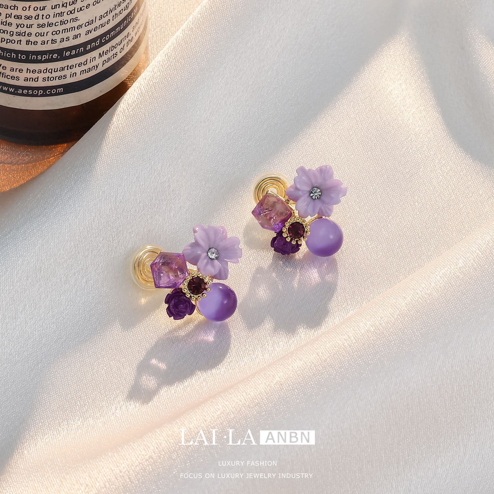 Copper Electroplated Purple Crystal Flower Non-Pierced Ear Clips - 1