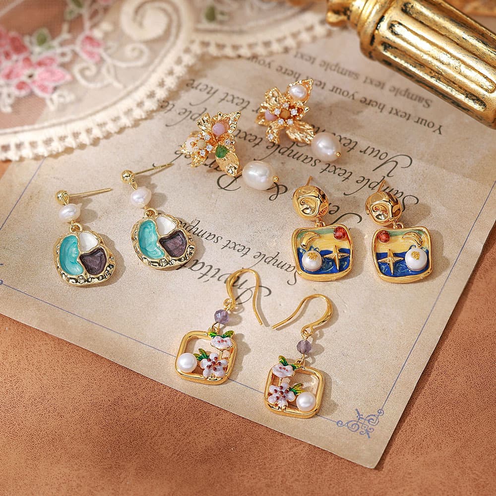 18K Gold Plated Enamel Freshwater Pearl Stud Earrings - 1