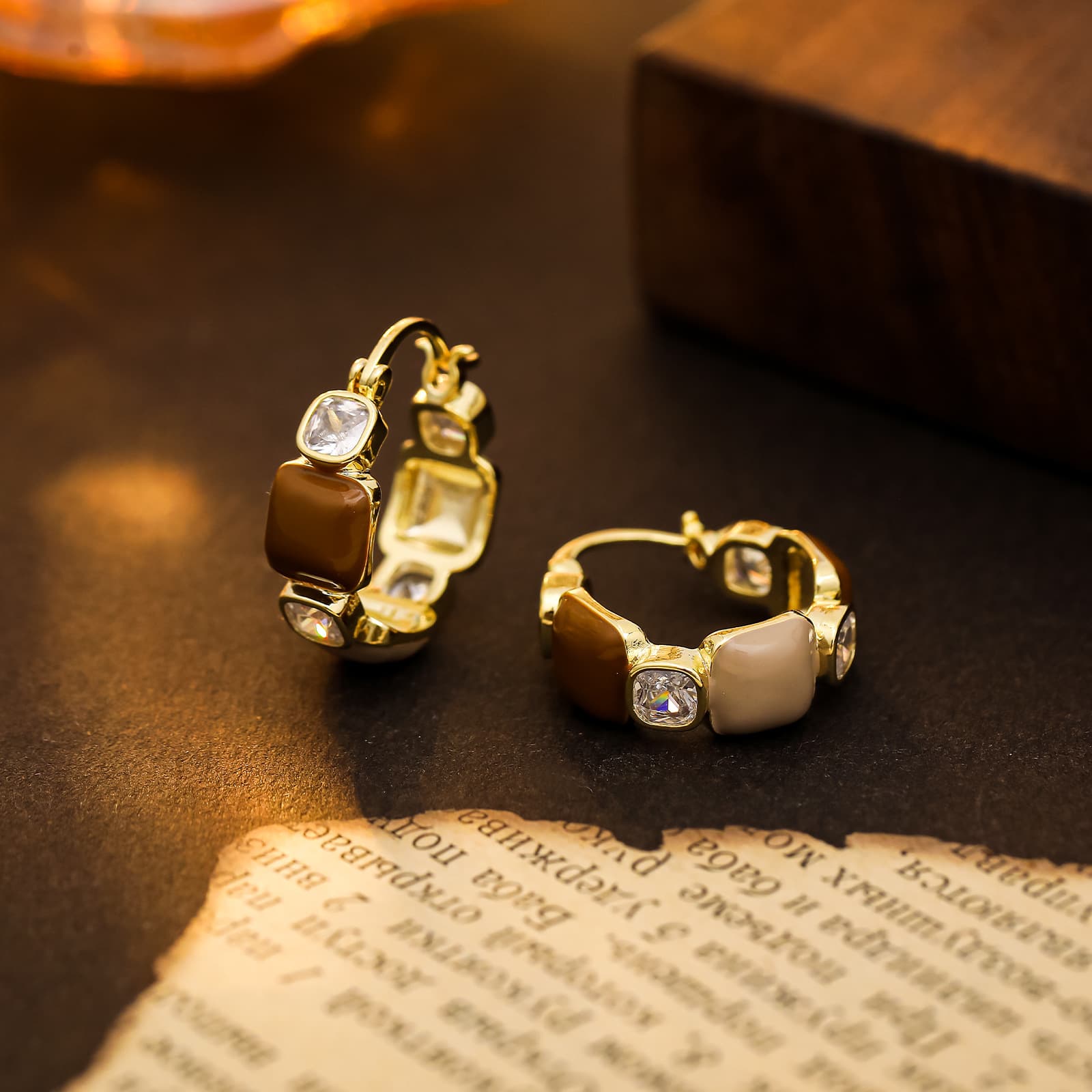 Coffee Zircon C-Type Earrings with 925 Silver Pin - 1