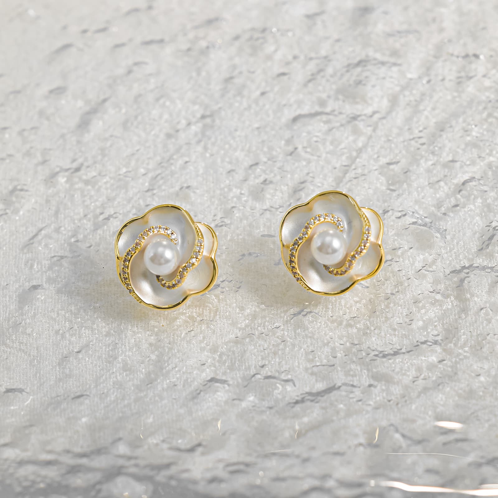 S925 Post Camellia Pearl Stud Earrings Gold Plated - 1
