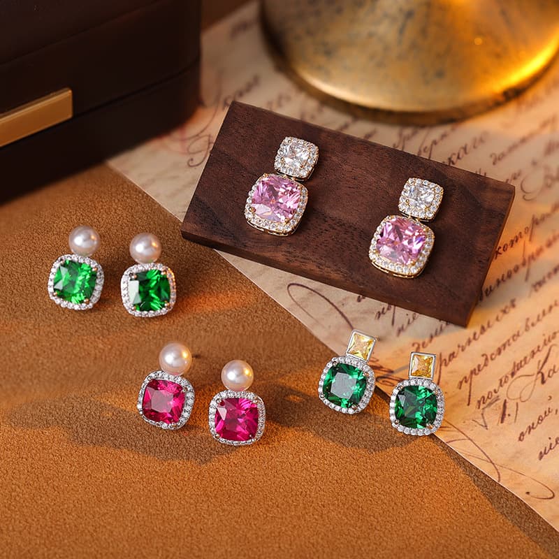 925 Silver Geometric Color Zircon Stud Earrings - 1