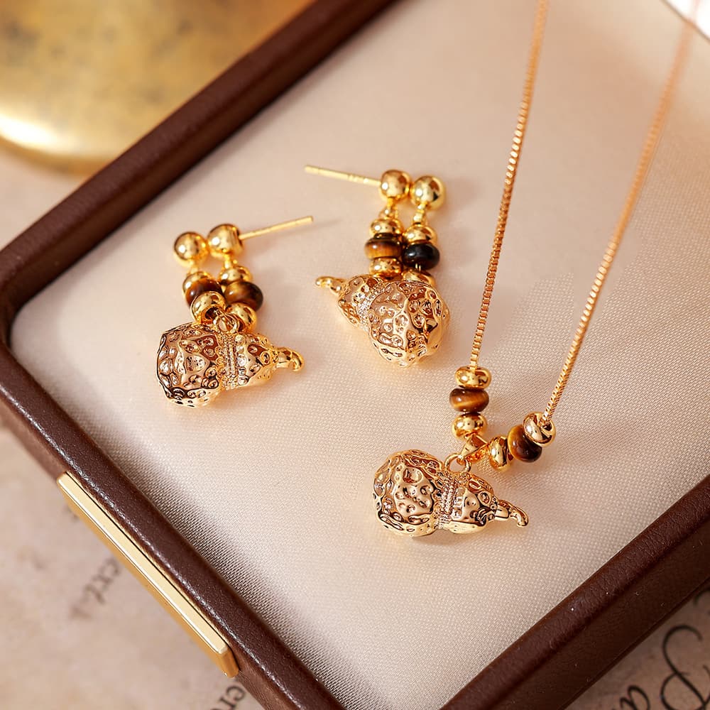 Gold Plated Copper Gourd Beaded Necklace and Ear Stud Set - 1