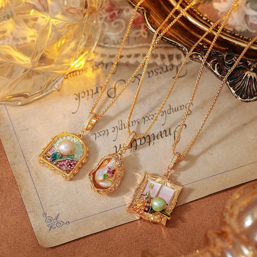 18K Gold Plated Vintage Oil Painting Baroque Pearl Necklace - 1