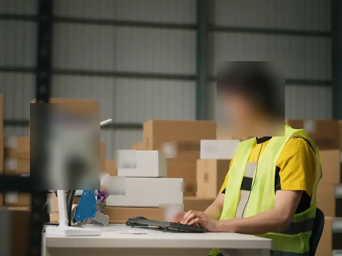 A staff member in a high-visibility vest works at a desk with a monitor and barcode scanner, with stacked cartons behind.