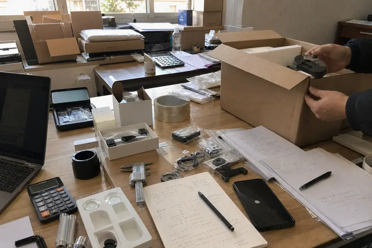 Unbranded ecommerce packing materials, cartons, and scale on a seller workbench