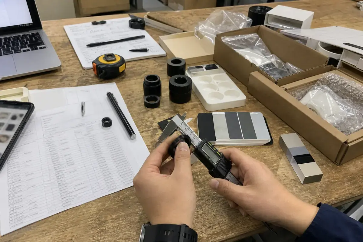 Hands measuring an unbranded sample beside blurred product specification notes and material swatches