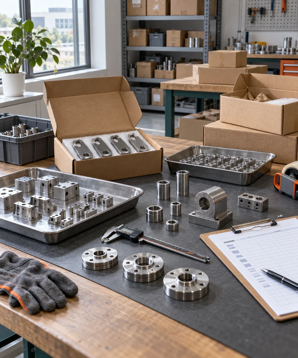 Product samples, packaging inserts and measuring tools on a workbench.