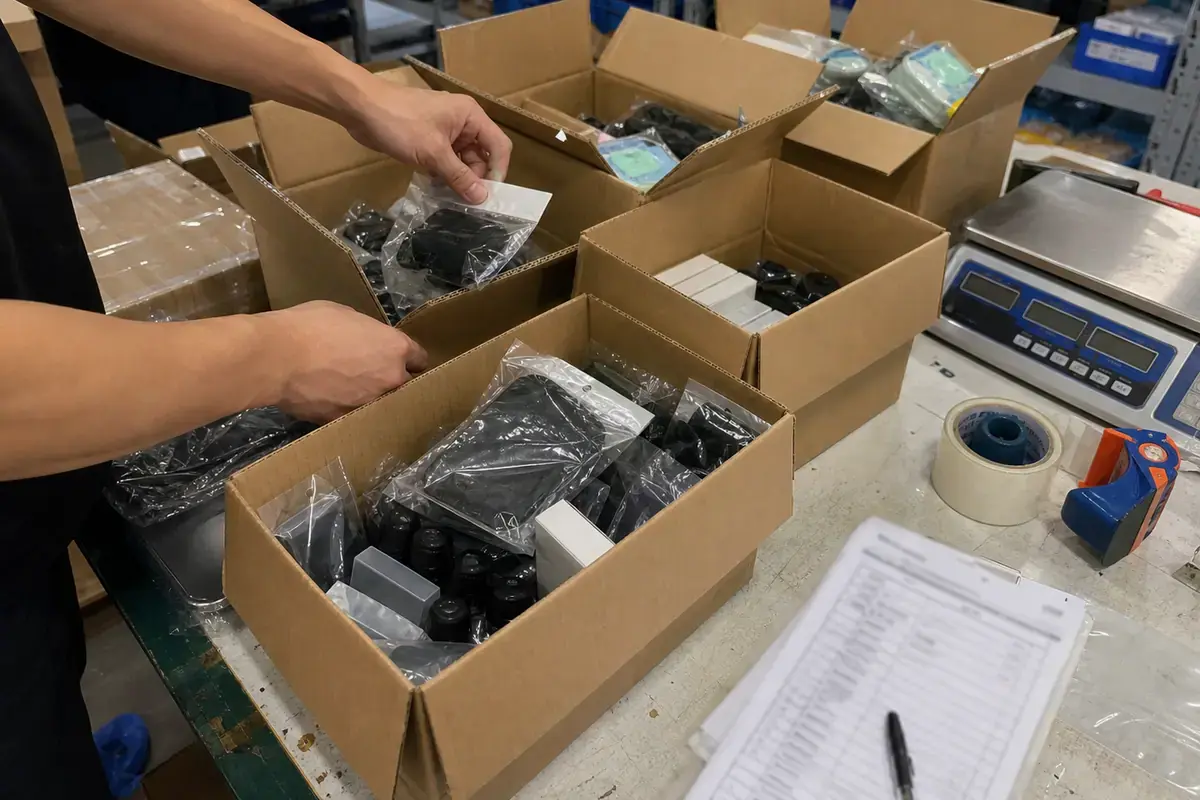 Packed products in open cartons beside a scale and packing notes.