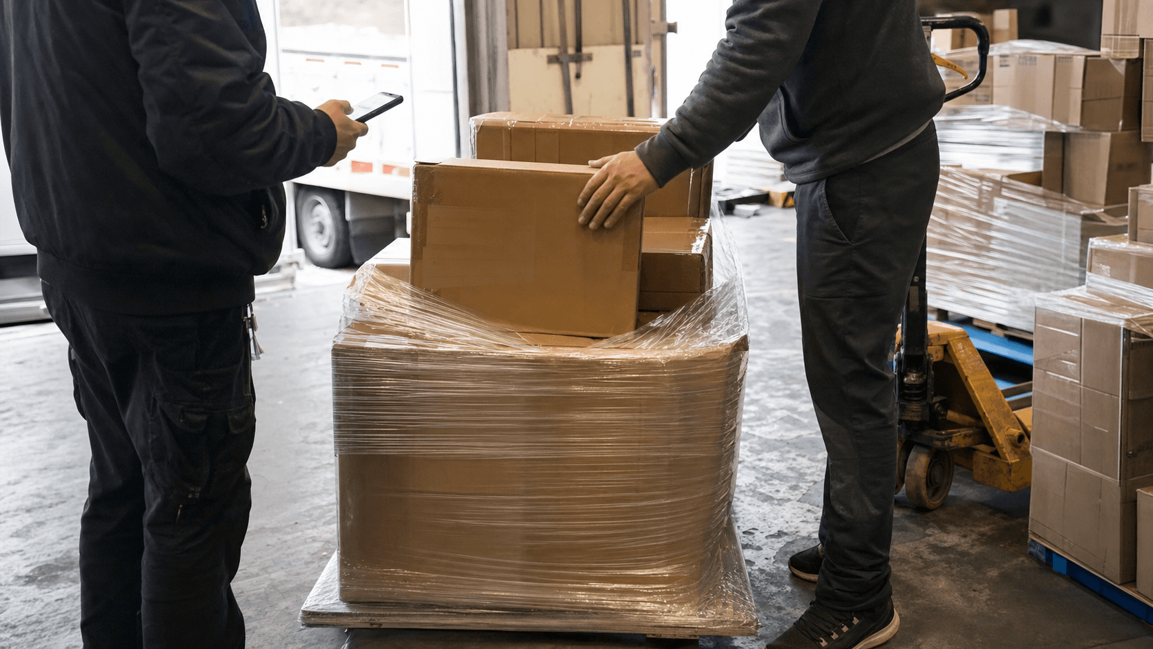 Partly cropped workers checking shrink-wrapped cartons on a pallet near a loading bay