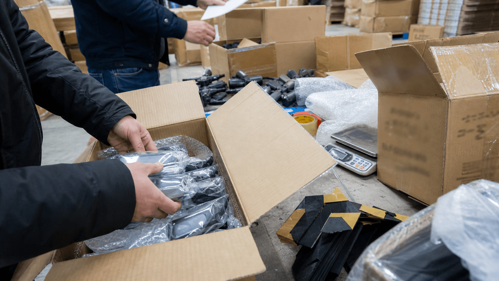 Hands checking packed goods inside open export cartons at a warehouse table