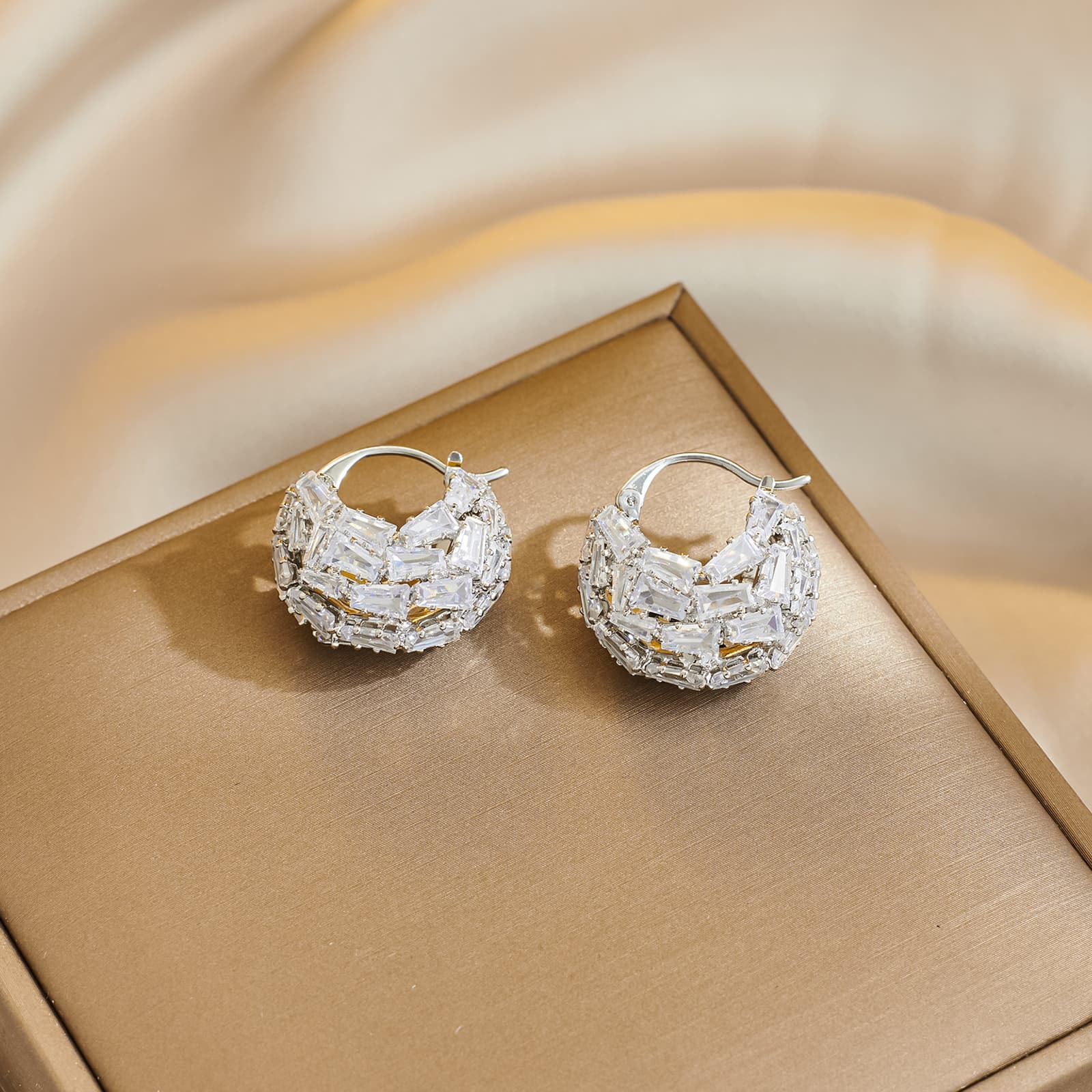 Copper Hollow Double C Zircon Earrings 925 Sterling Silver Post - 1