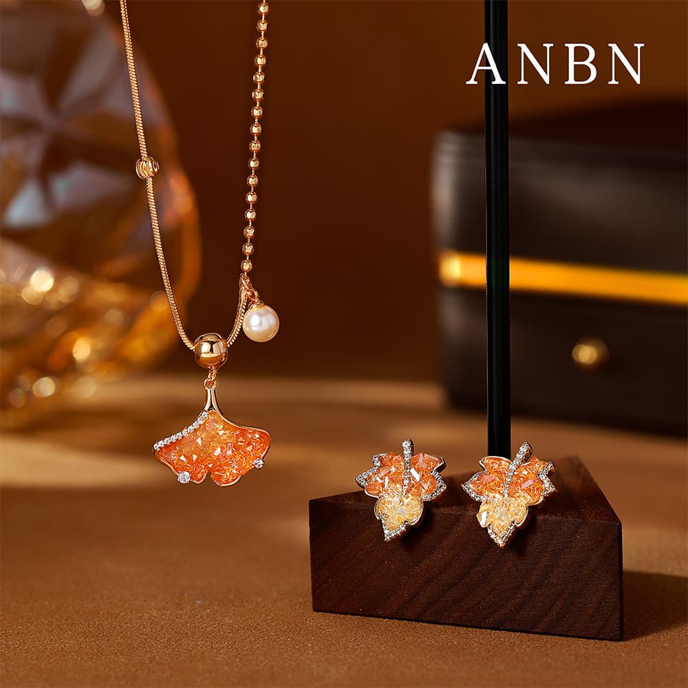 18K Gold Plated Maple Ginkgo Leaf Jewelry Set - 1