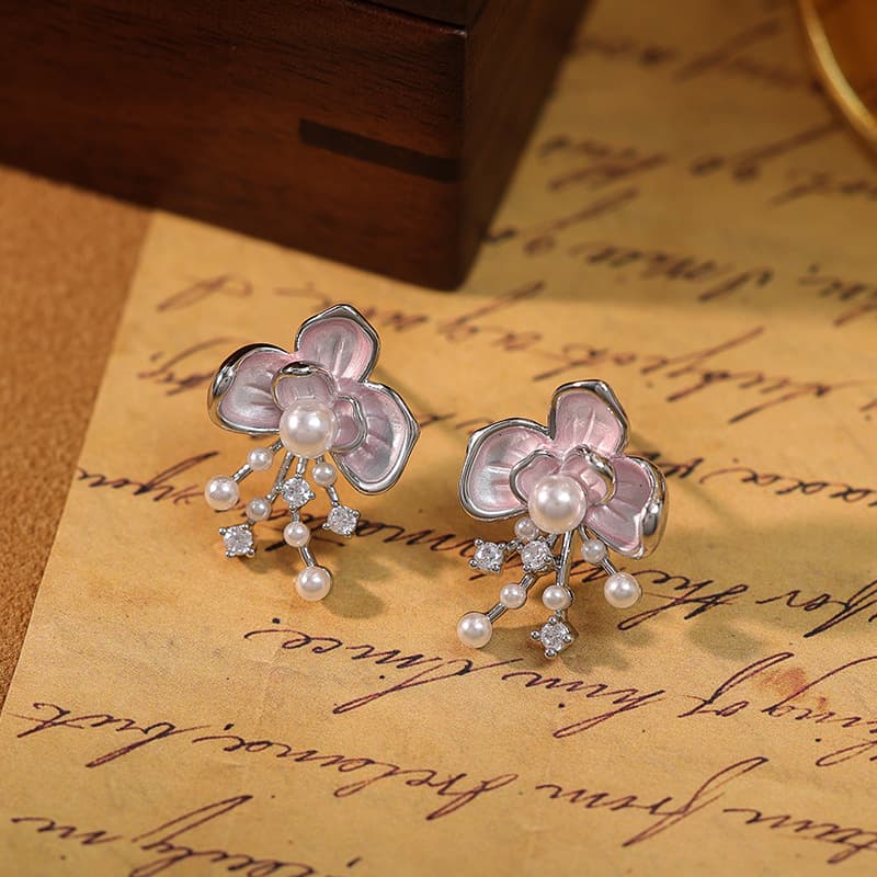 Electroplated Camellia Flower Pearl Stud Earrings - 1