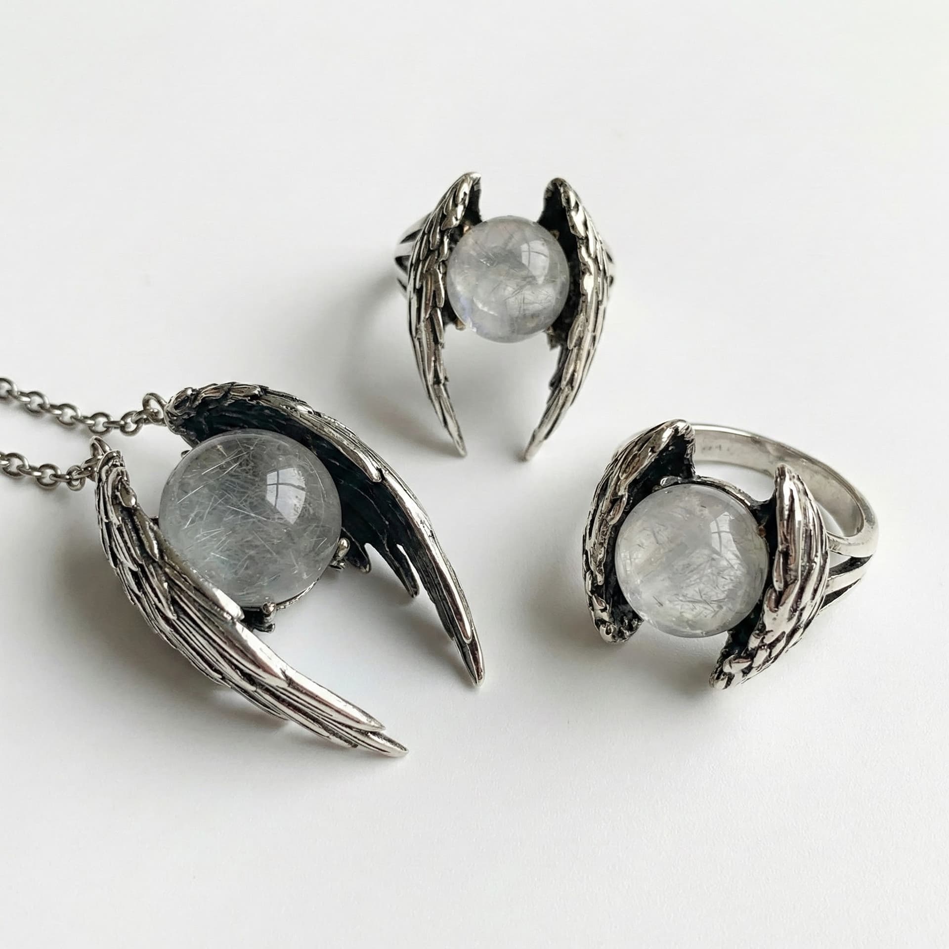 Vintage Silver Angel Wing Ring with Moonstone Orb