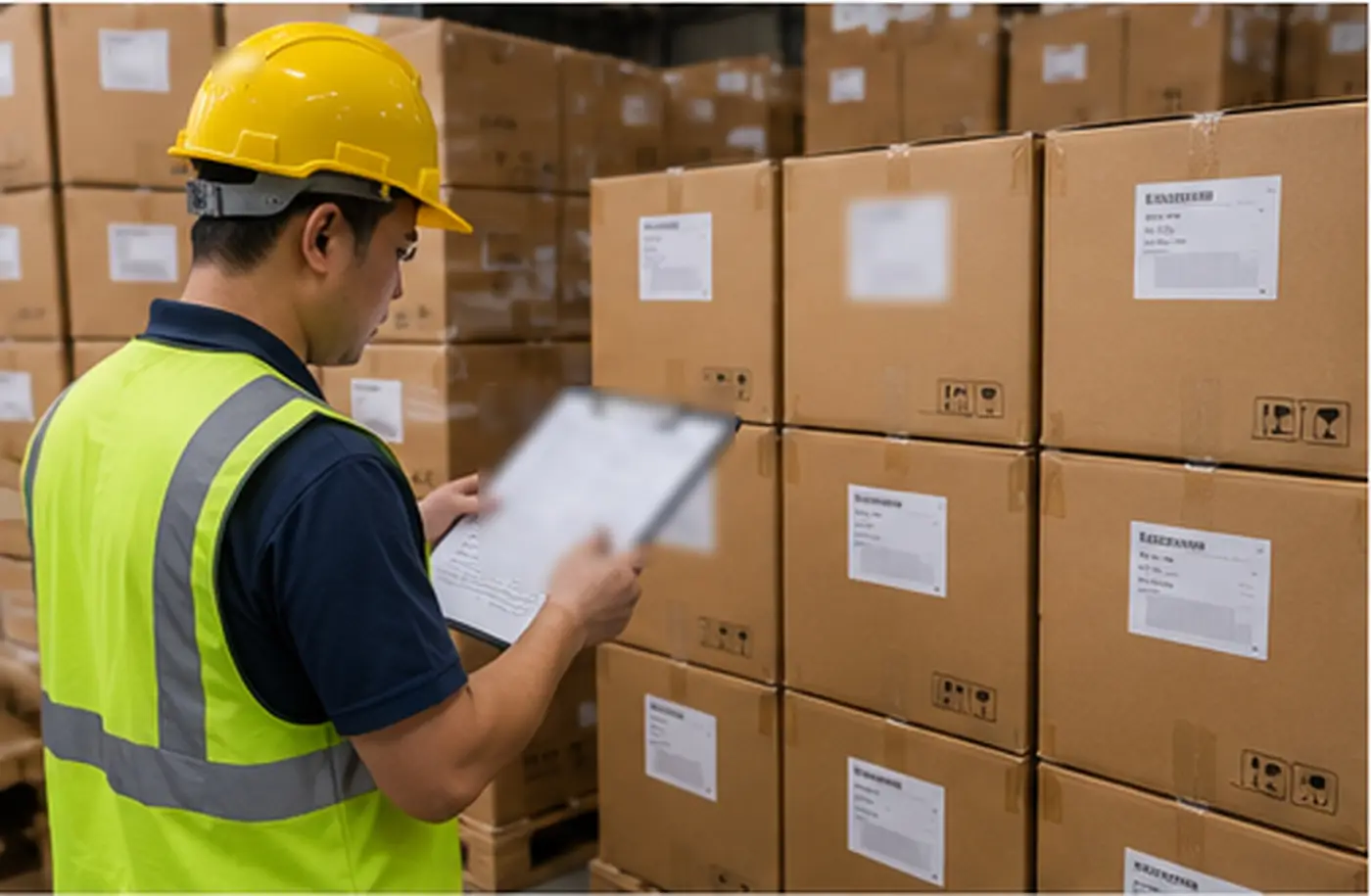 Warehouse staff counting cartons against a packing list before shipment (representative inspection image)