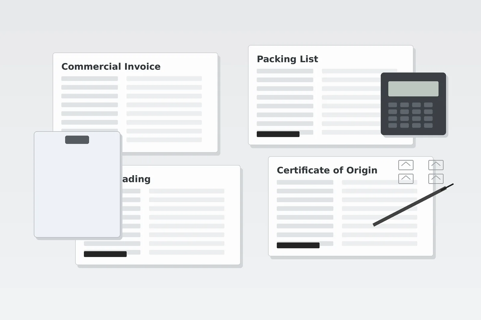 Illustration of the export document set: commercial invoice, packing list, bill of lading, and certificate of origin (Form E)