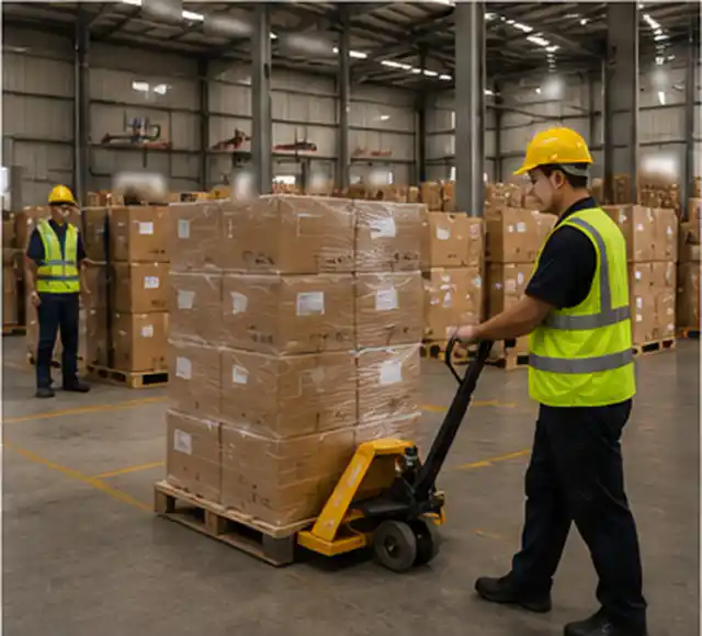 Export cartons on a pallet being loaded into a shipping container (representative operations image)