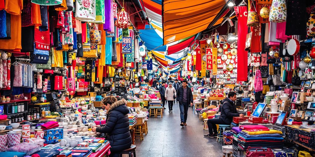 Market scene in China with high-quality products displayed.