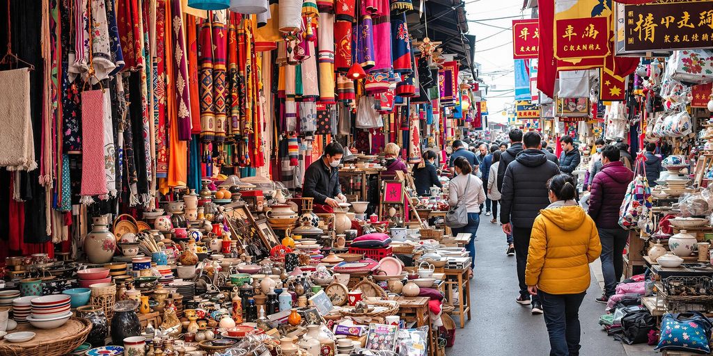 Vibrant market scene in China with colorful goods.