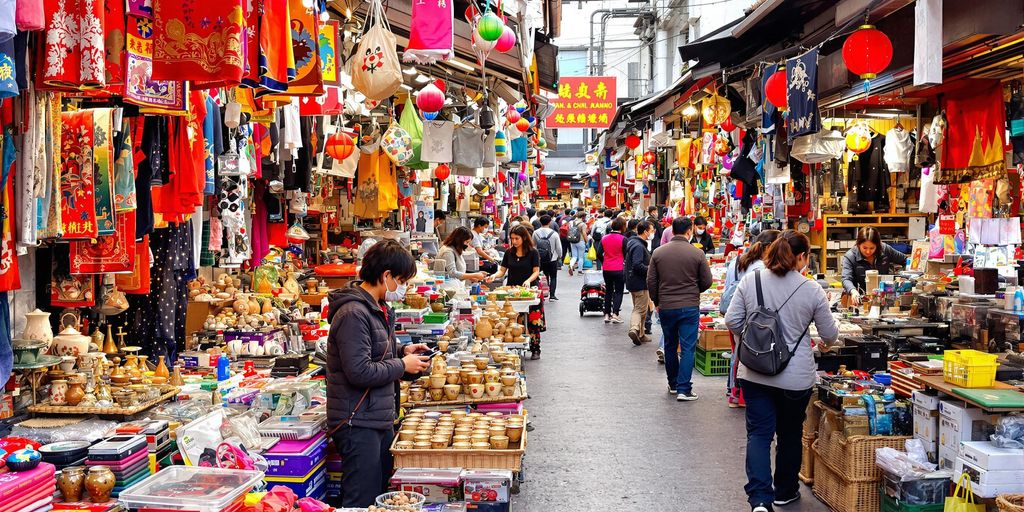 Colorful market in China with diverse products for sourcing.