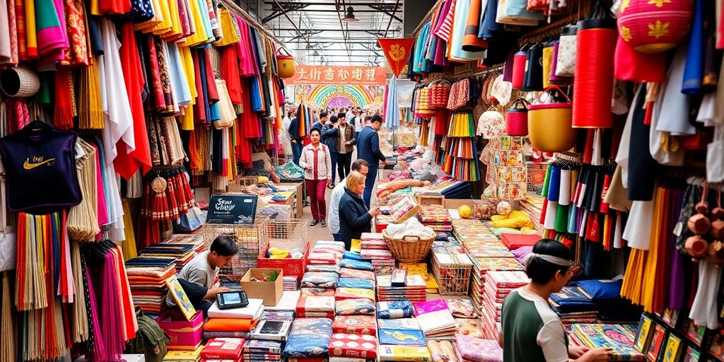 Vibrant market scene with diverse products from China.