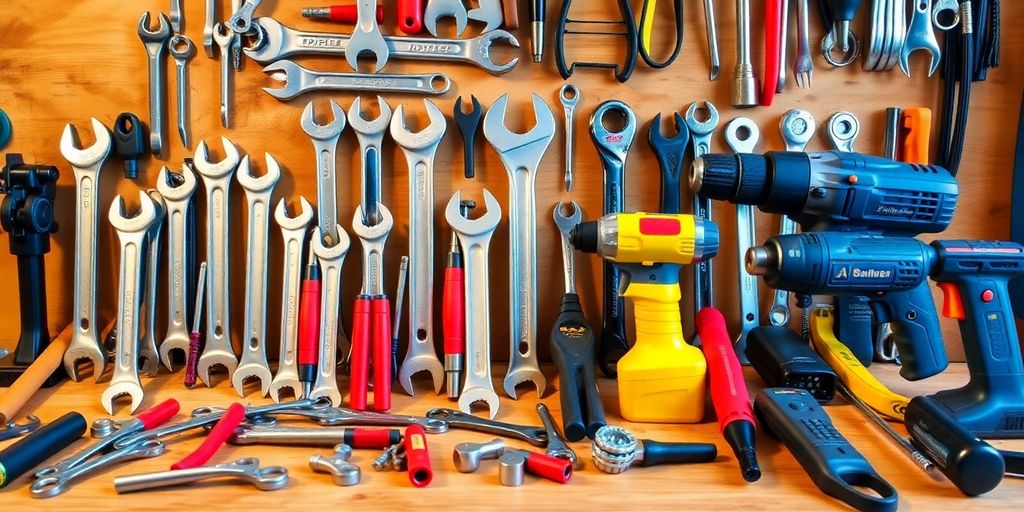 Assorted quality tools on a wooden workbench.