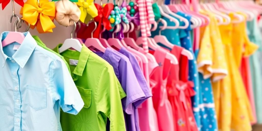 Colourful kids' clothing on hangers in a store display.