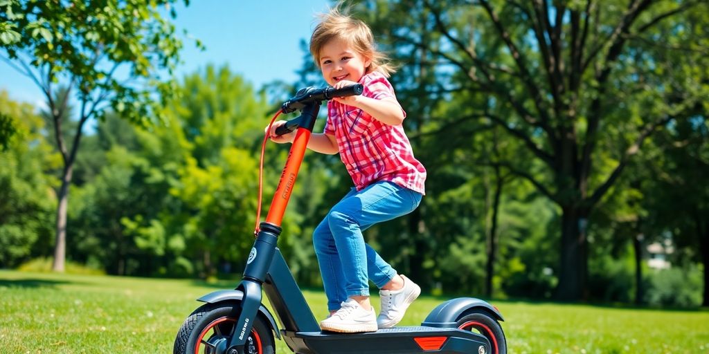 Child riding an electric scooter in a sunny park.