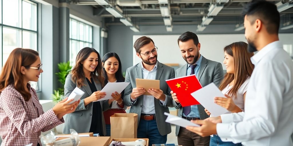 Gente de negocios colaborando sobre muestras de productos en una oficina.