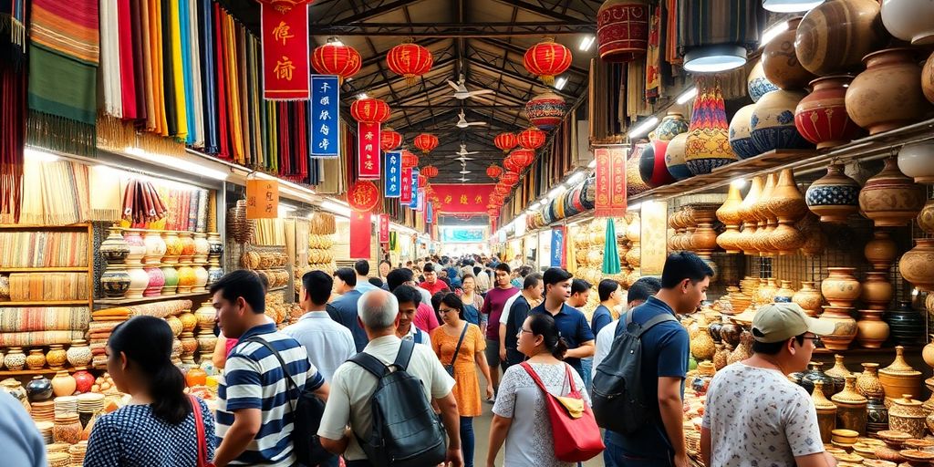 A busy wholesale market in China with vendors and goods.