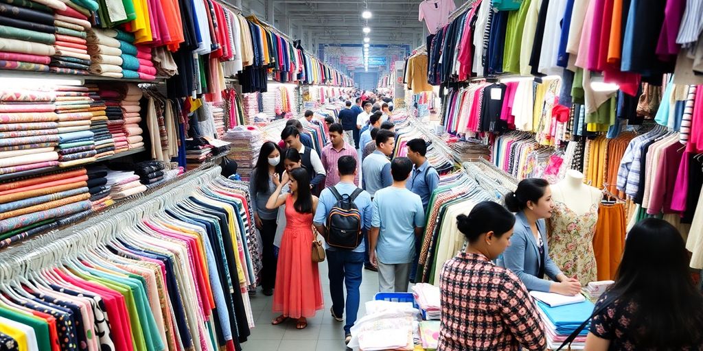 Bustling garment market in China with colourful fabrics.