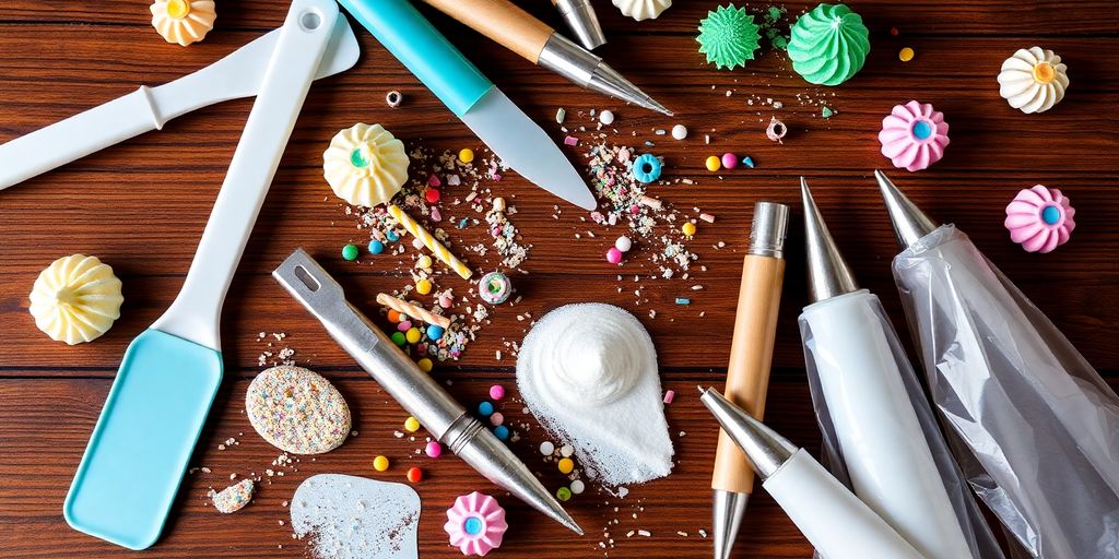 Various icing tools for cake decoration on a table.