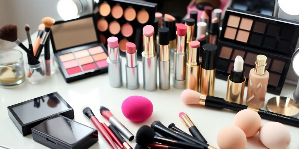 Collection of vibrant makeup accessories on a vanity.