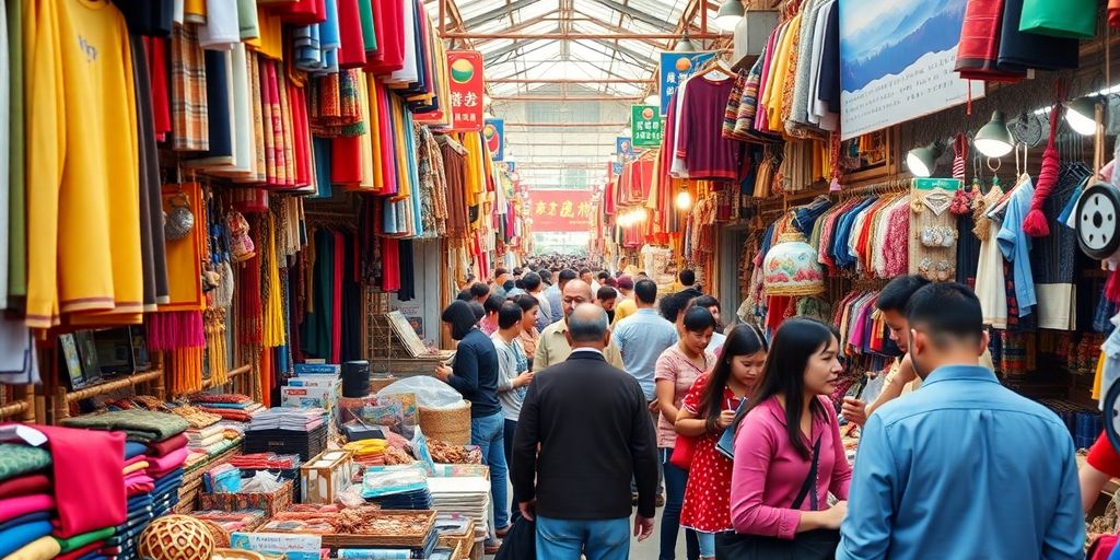 Un bullicioso mercado chino repleto de mercancías diversas.