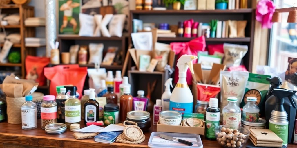 Diverse products displayed on a wooden table.