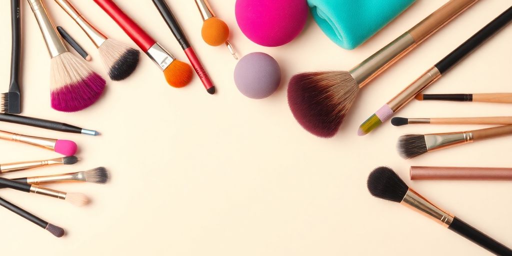 Colorful makeup brushes and blenders on a neutral background.