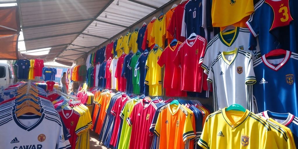 Colourful wholesale jerseys hanging in a bustling market.