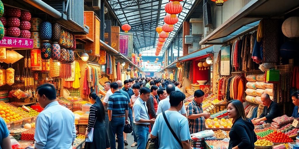 Vibrant Chinese wholesale market with busy vendors and shoppers.