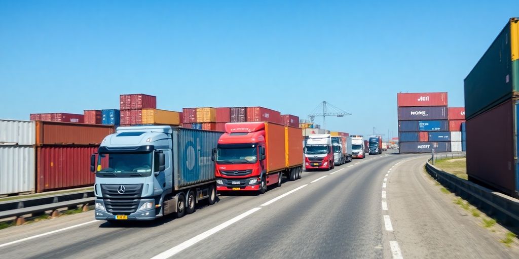 Camiones de carga en una ruta de transporte interior con contenedores.